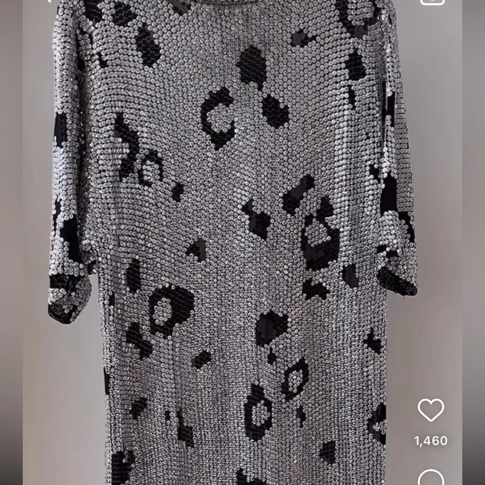 Vintage Sequin Silver Leopard Holiday Dress Size M Kenar Silk Animal Print 80s